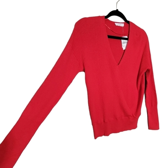 Elodie M Red Ribbed Faux Wrap Sweater V-Neck Long Sleeve Soft Office Knit NWT - Picture 7 of 13
